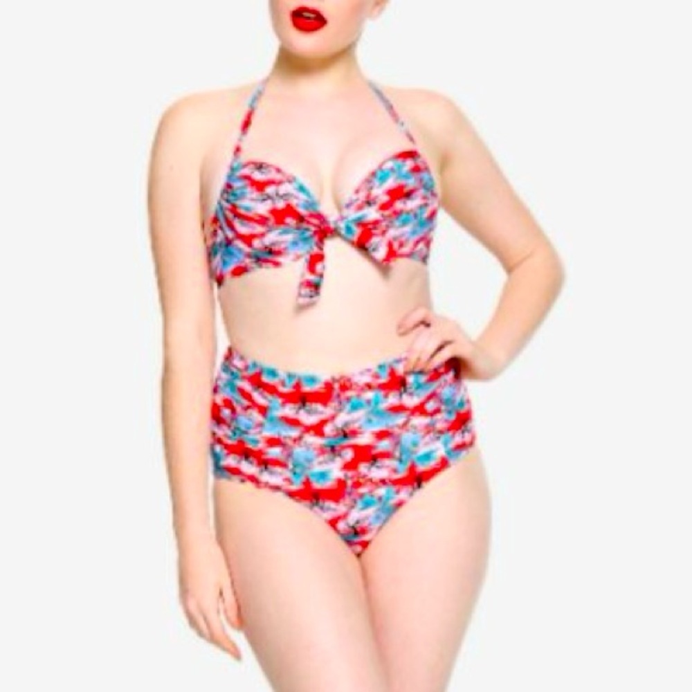 Disney Mulan Retro Style Red Floral Bikini Pushup Top L High Waist Bottom XL